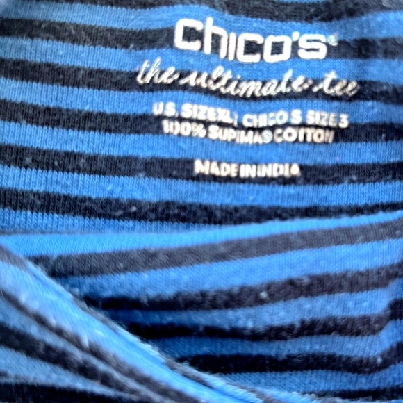 Chicos Women's Ultimate Tee Size 3 Blue With Black Stripe Pullover 3/4 Sleeve - Picture 4 of 6